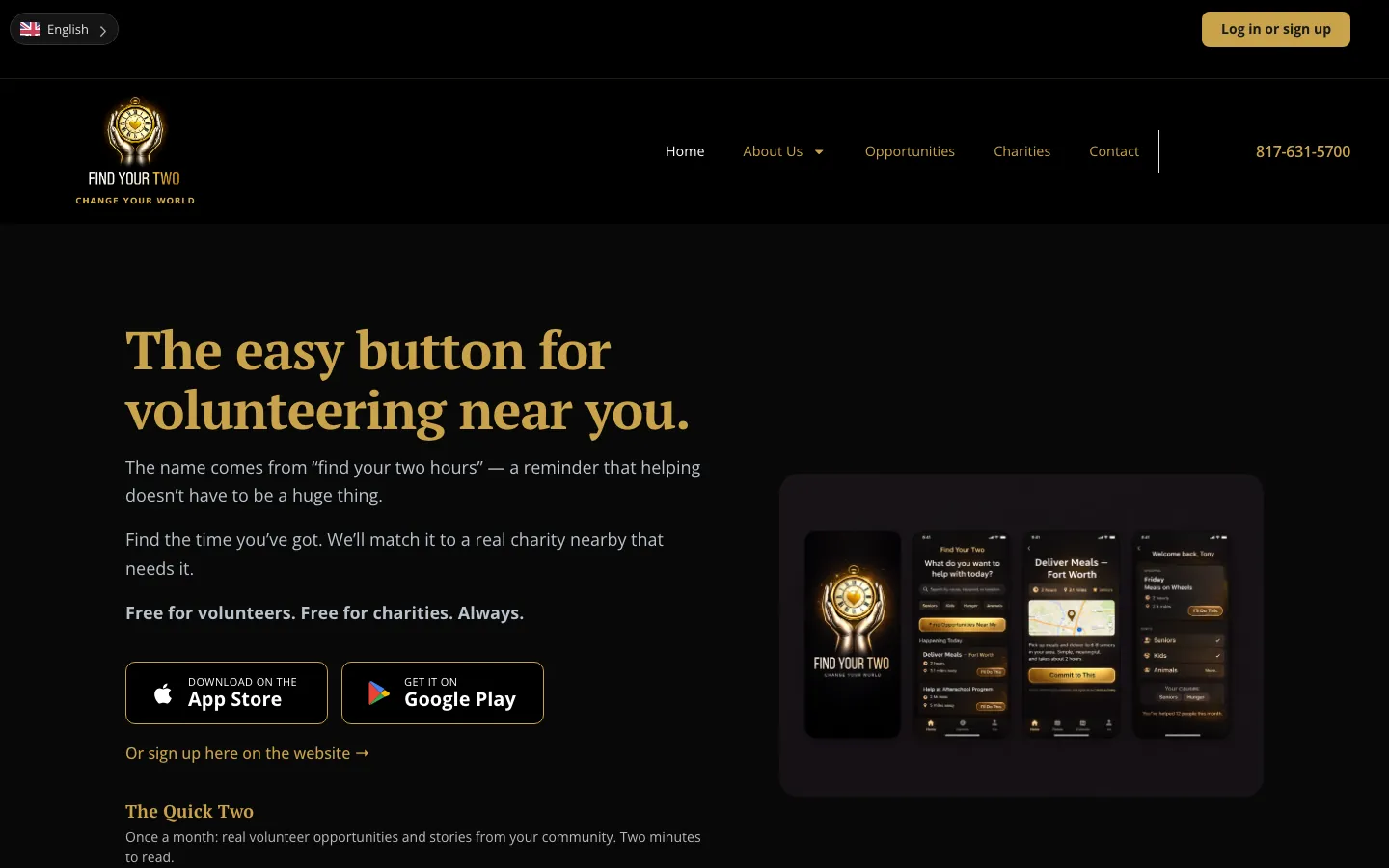 The Find Your Two home page: 'The easy button for volunteering near you.' with App Store and Google Play buttons and four phone screens from the app.