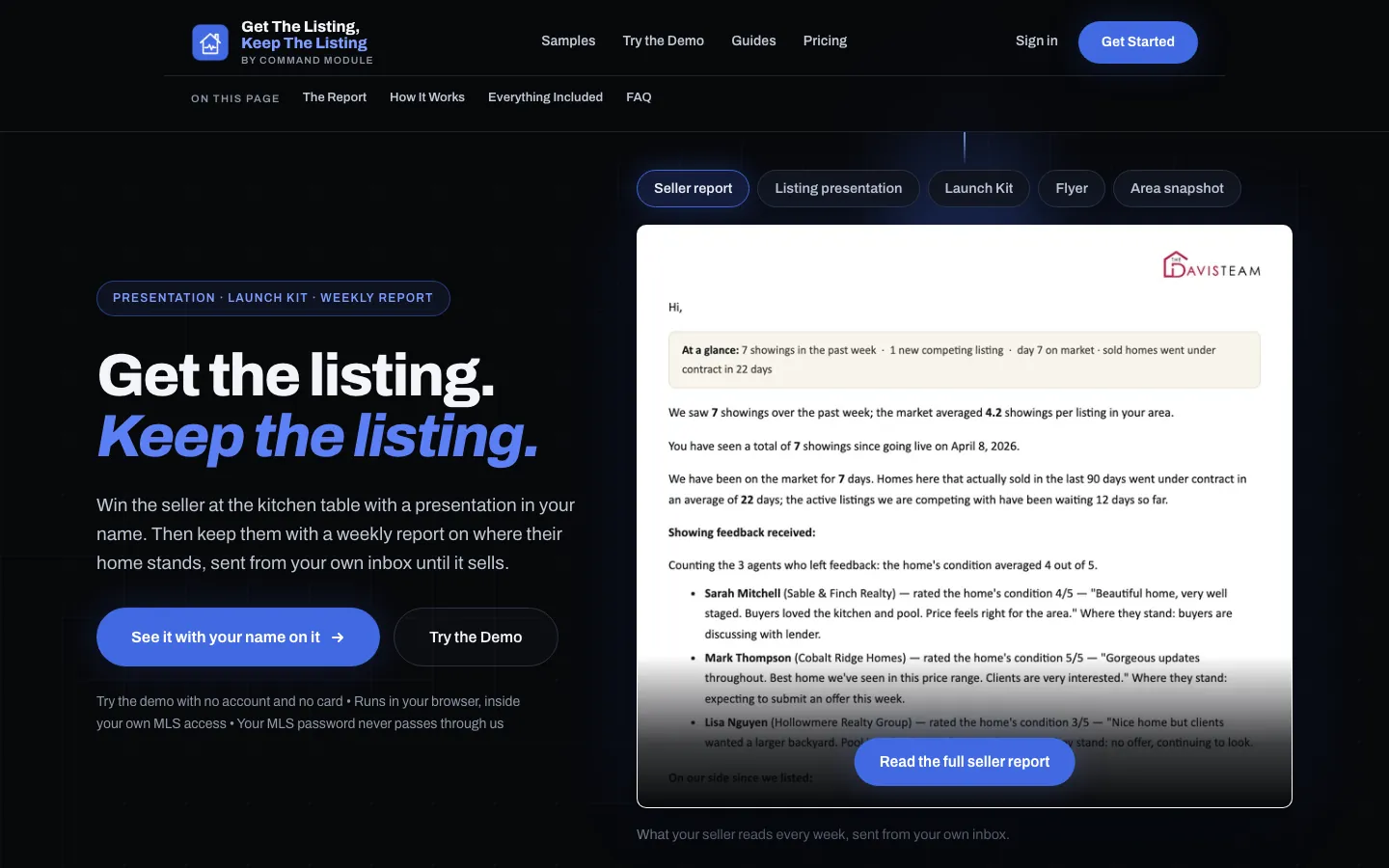 The Get The Listing, Keep The Listing home page, with a sample weekly seller report beside the headline.