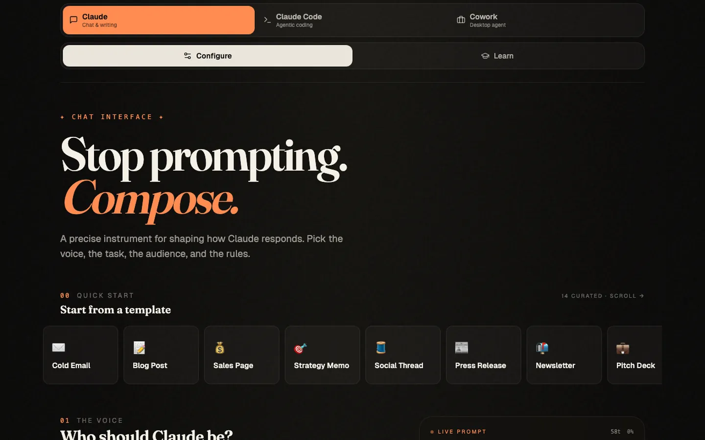 The PromptMaster web app: tabs for Claude, Claude Code and Cowork above the headline 'Stop prompting. Compose.' and a row of prompt templates.