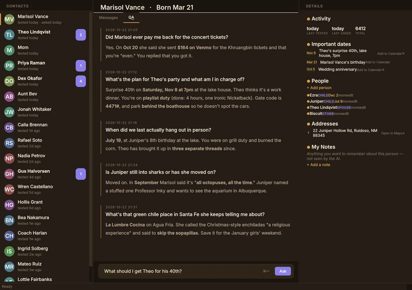 TextLife on the Mac with made-up demo contacts: the Q&A tab for one contact, five questions about her messages, each with an answer, a sixth question typed into the Ask box, the contact list on the left and important dates with Add to Calendar on the right.